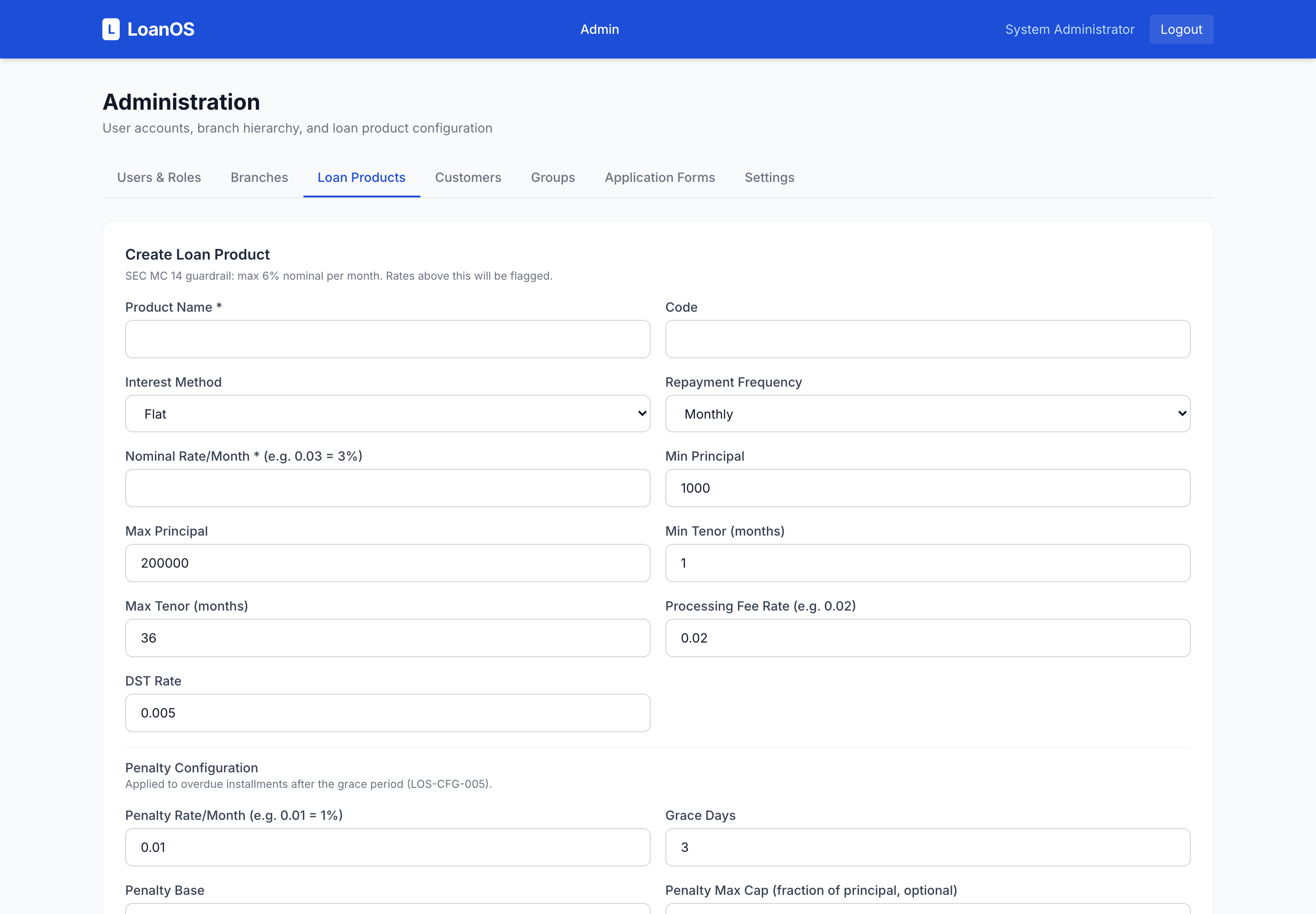 LoanOS admin loan product configuration with SEC rate-cap guardrails