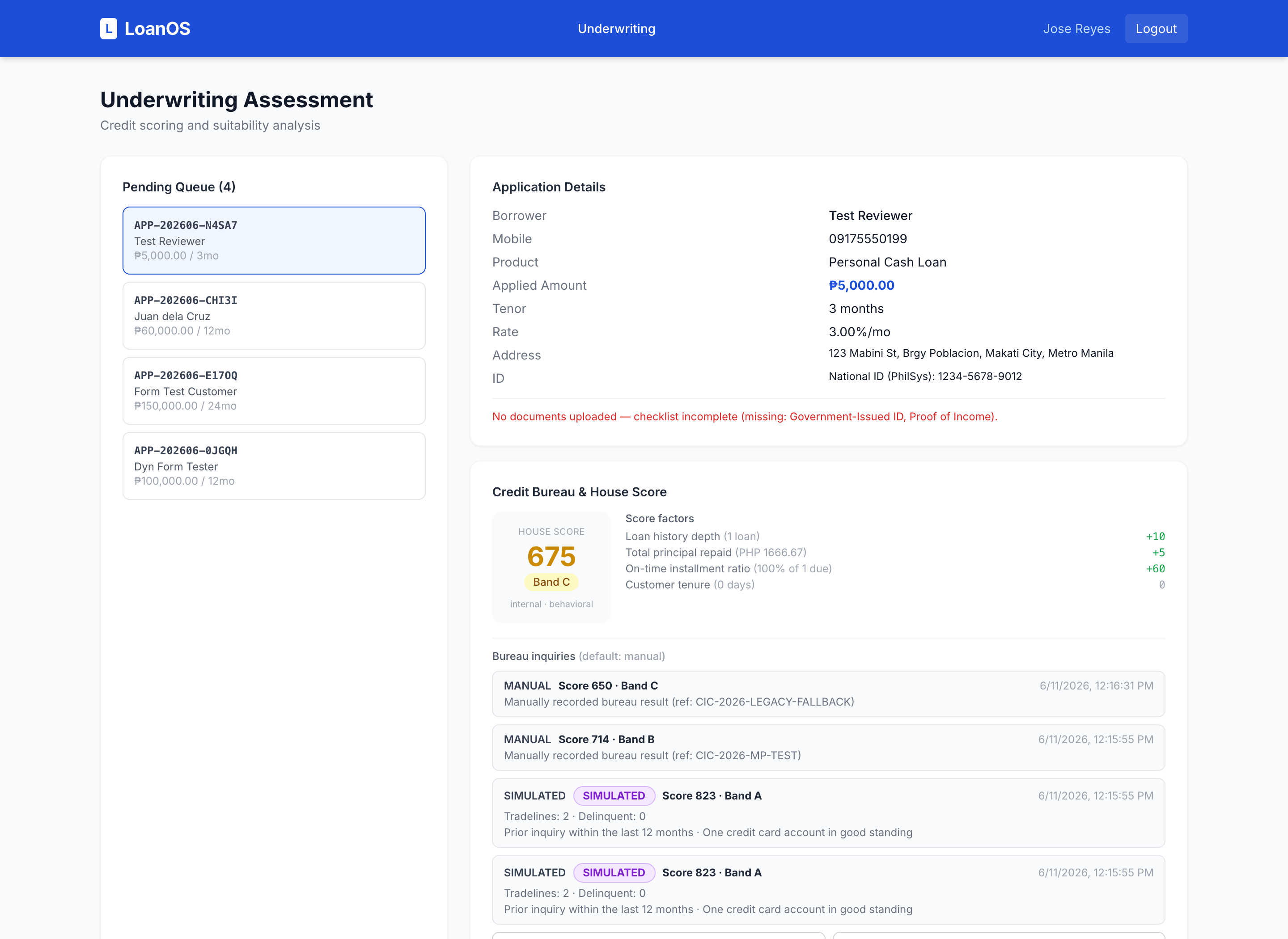 LoanOS underwriting assessment workspace with credit bureau scoring
